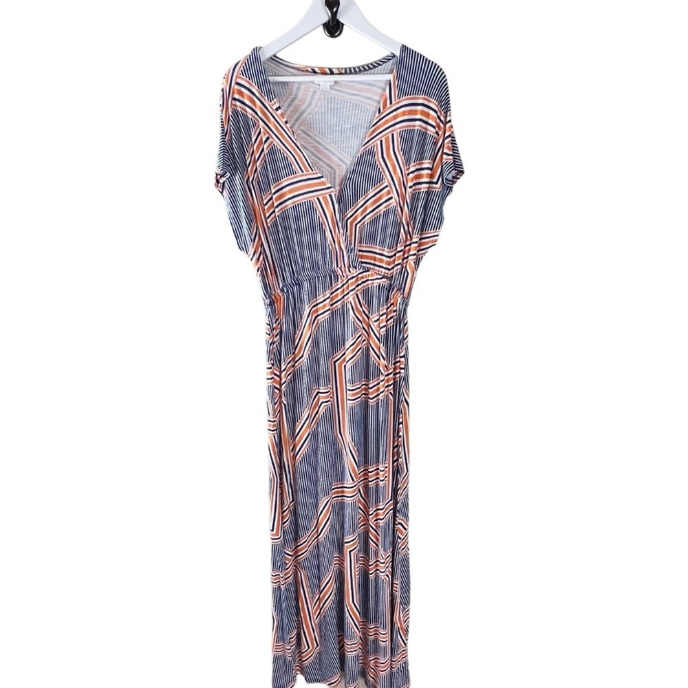 Cabana Life Womens Maxi Dress Navy Orange Geometric Stripe‎ V-Neck Jersey Large